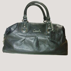 Coach Black Leather Satchel Handbag Purse Double Handles Silver Hardware Purple